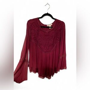 Peasant Blouse Boho Fantasy Red Plus Size Lace Embroidery Bell Sleeves Flowy, 1X